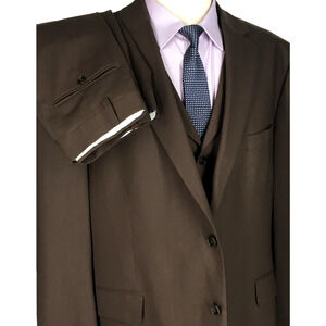 NWOT 50R Paul Fredrick Mens 100% Wool 3 Piece 2 Button Suit Dark Brown Pants 44